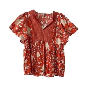 Knox Rose | New Orange Floral Boho Flutter Sleeve V-Neck Peasant Top, Medium